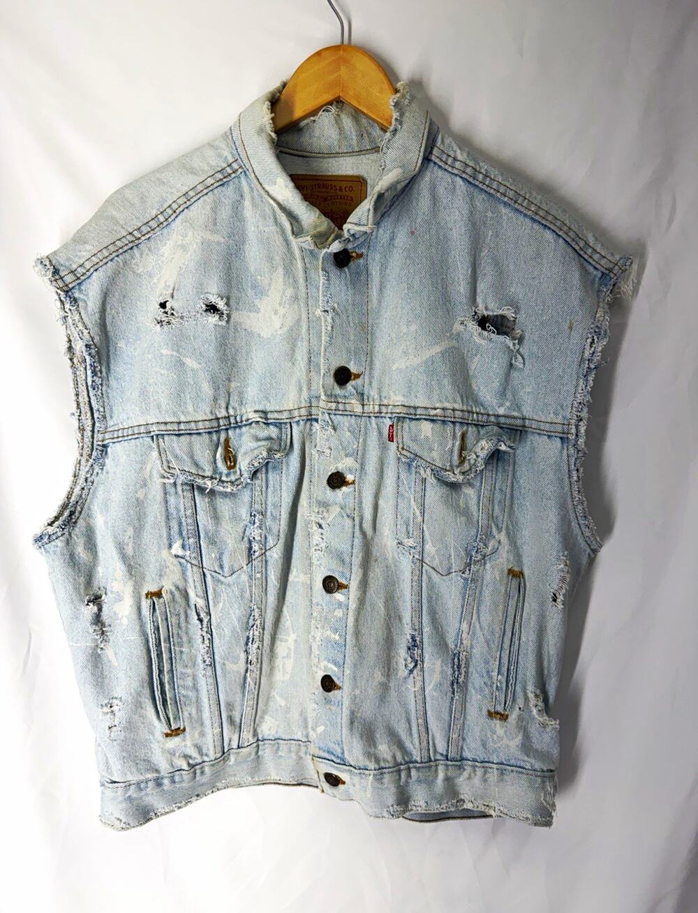 Vtg Levis 70507 4834 Made in USA Distressed Cut Off Denim Vest Trucker